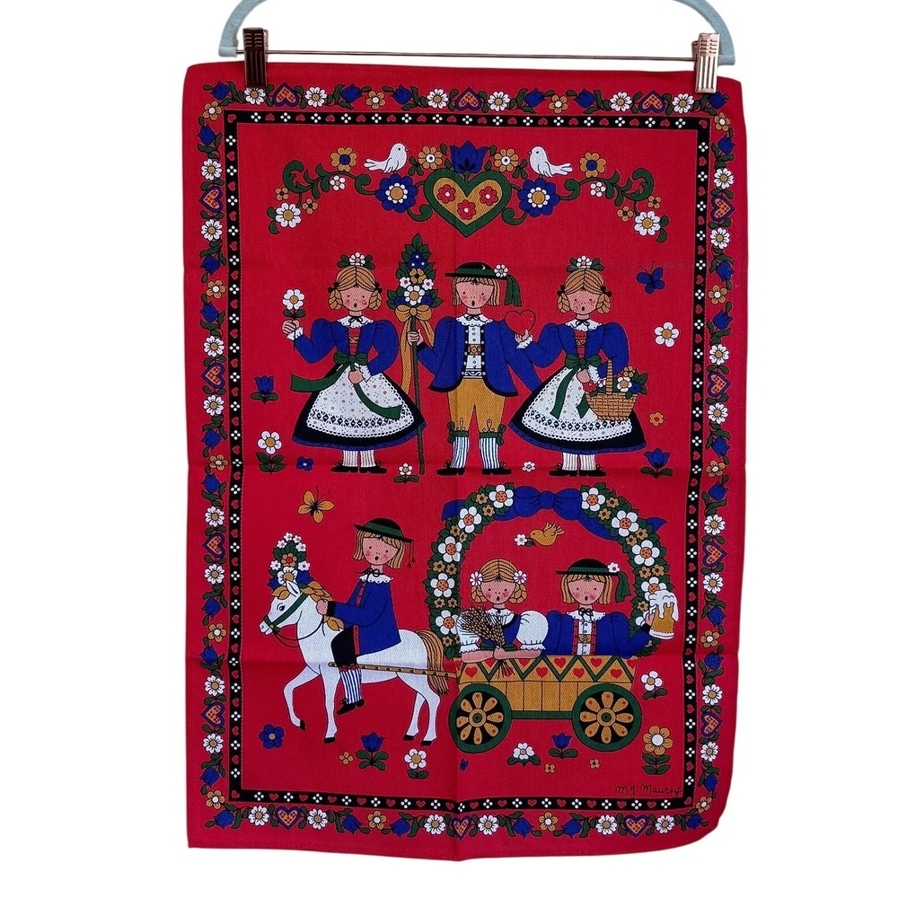 Tag House M.J. Maurey Folk Art Tea Towel Red Vintage Kitchen Cotton Italy 19X26